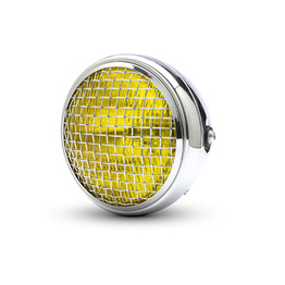 Mesh Side Mount Motorcycle Headlight Yellow Lens - 7.7" Chrome